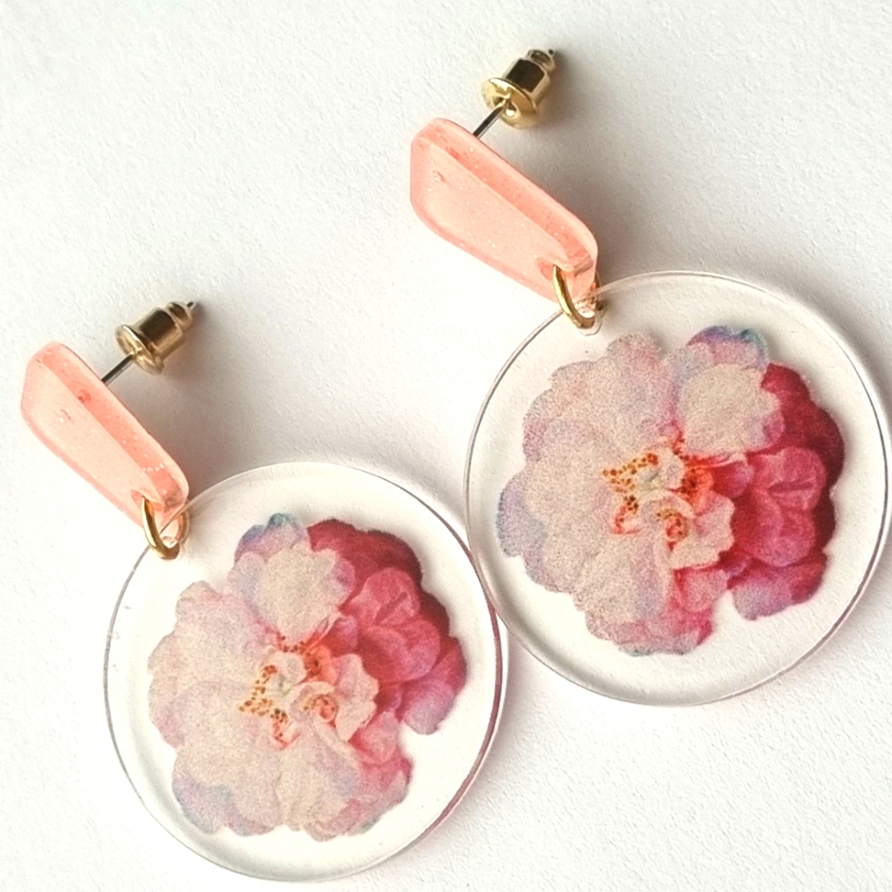Pretty Peachy Pink Floral Drop Earrings 🍑 🩷 - Picture 3 of 10